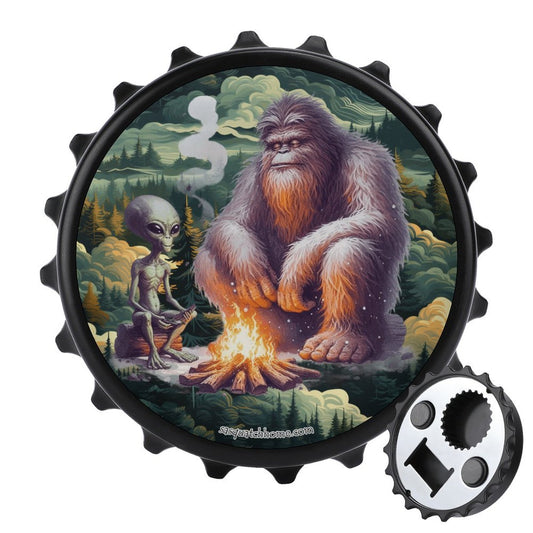 Bigfoot / Sasquatch with Alien, 3” Magnetic Can Opener / Coaster / Fridge Decor