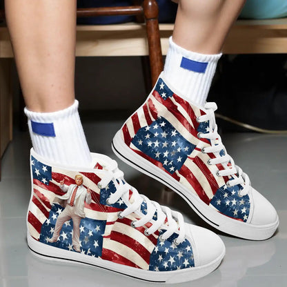 Donald Trump Dancing on Flag, Women's High Top Canvas Shoes Customized Tongue