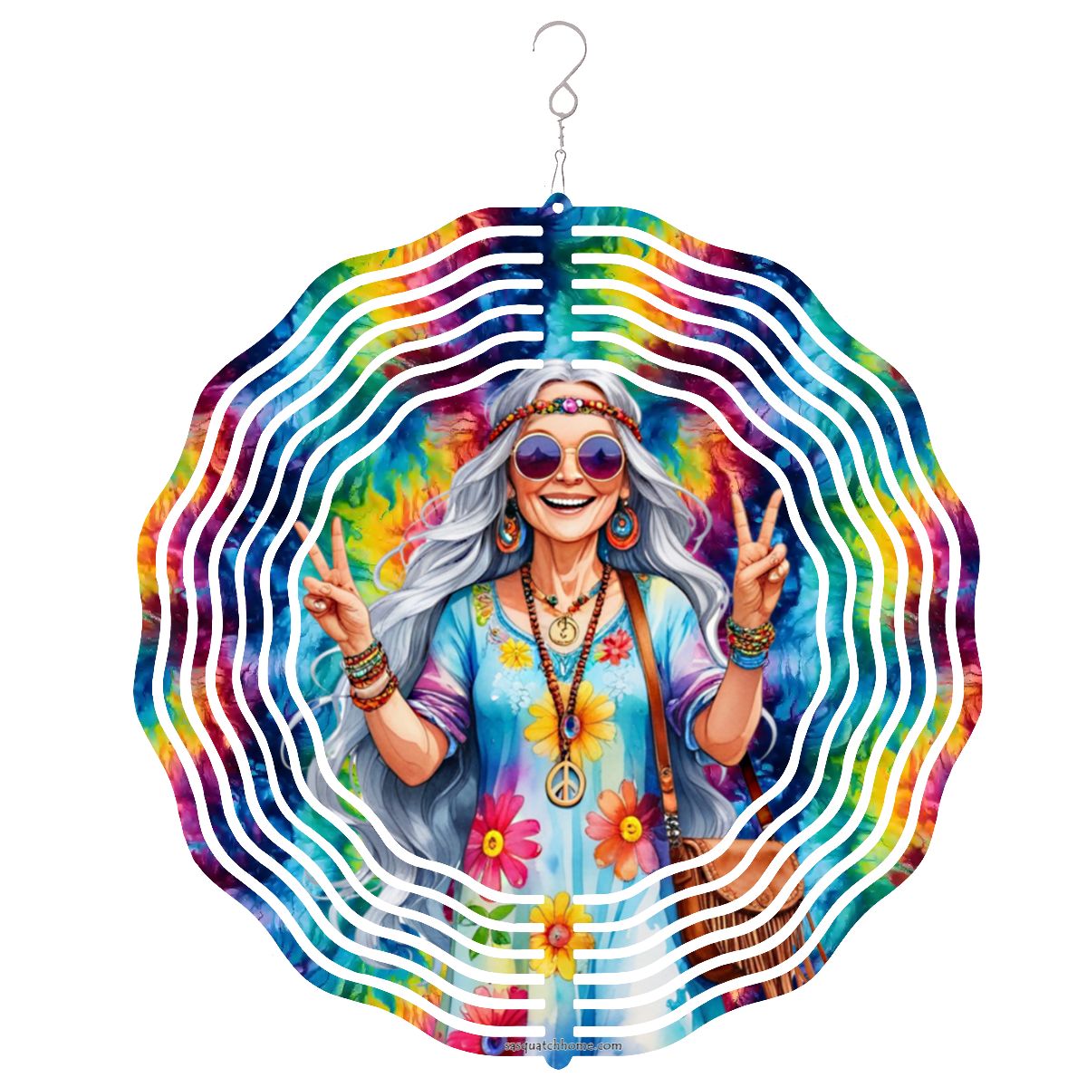 Hippie Lady, US Made Hanging Metal 3D Wind Spinner, Ornament