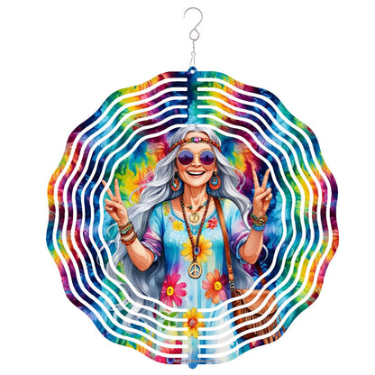 Hippie Lady, US Made Hanging Metal 3D Wind Spinner, Ornament