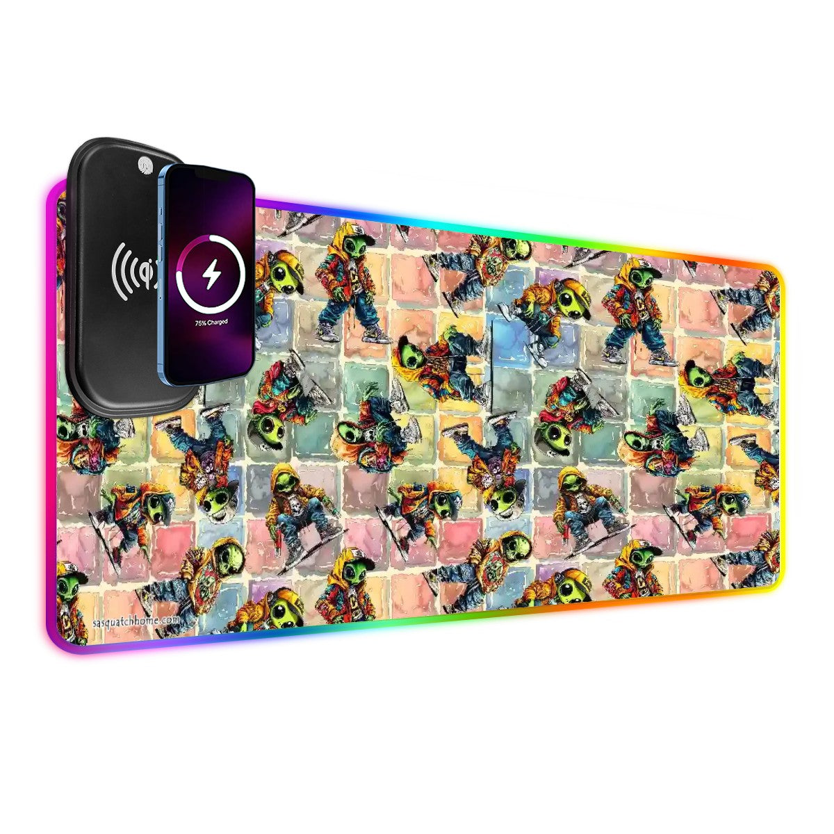 6 Alien Designs, Wireless Charging Gaming Mouse Pads / Mat With Lights - 2 Sizes