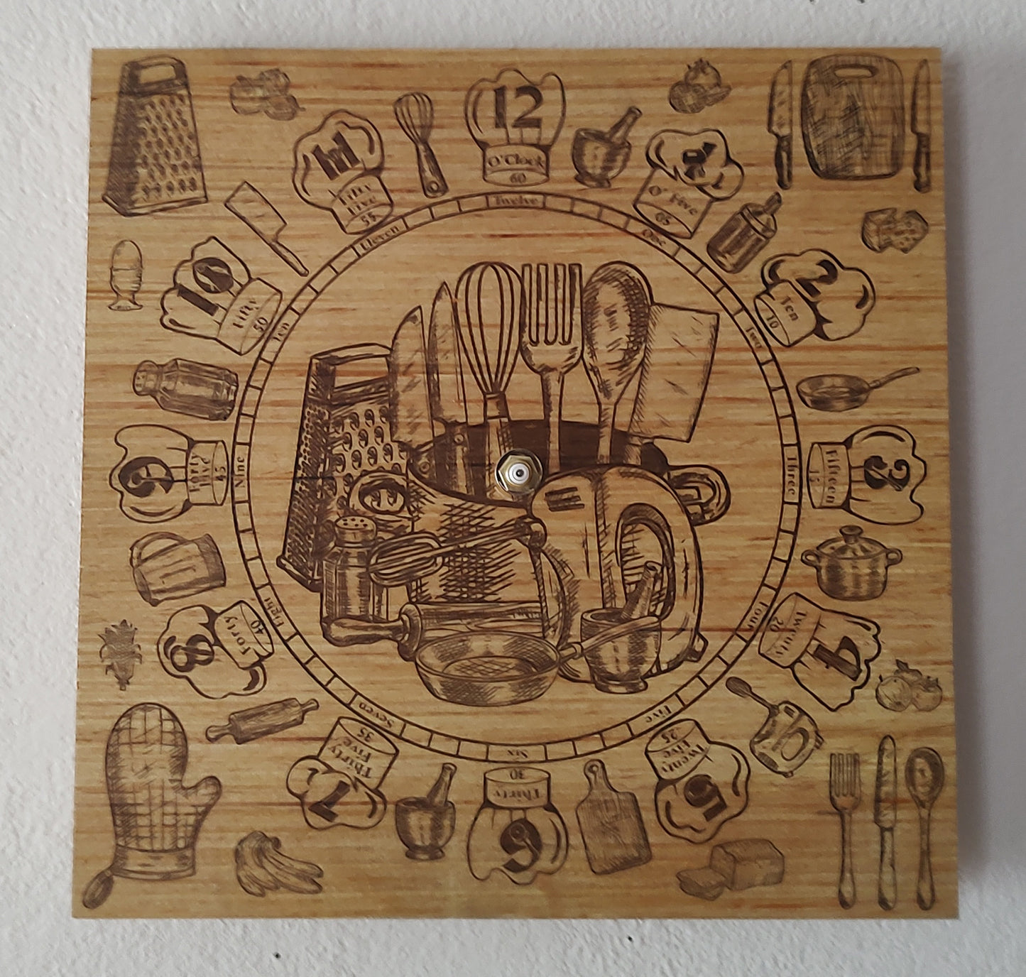 Hand Made Wood "Cooking" , Laser Etched Mechanic Clocks 2 Sizes