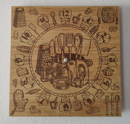 Hand Made Wood "Cooking" , Laser Etched Mechanic Clocks 2 Sizes