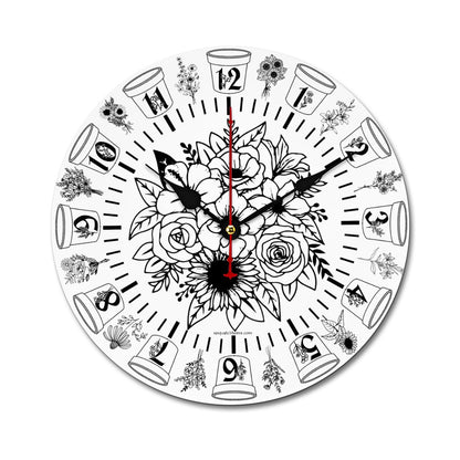 Flower Theme, Round Wooden Wall Clock
