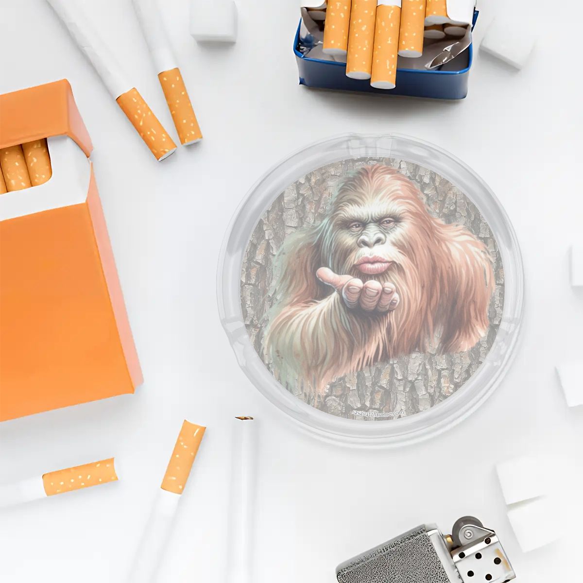 3 .3" Round, Lead Free Glass Ashtray - Bigfoot | Sasquatch Blow Kiss