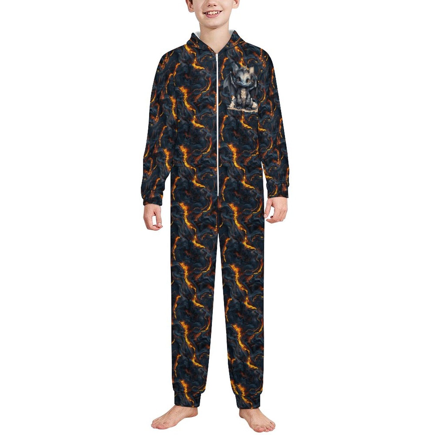 Dragon on Lava, Youth Flannel Footless Zip up Pajama Jumpsuit