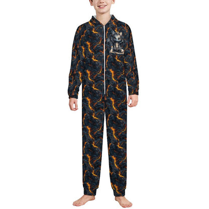 Dragon on Lava, Youth Flannel Footless Zip up Pajama Jumpsuit