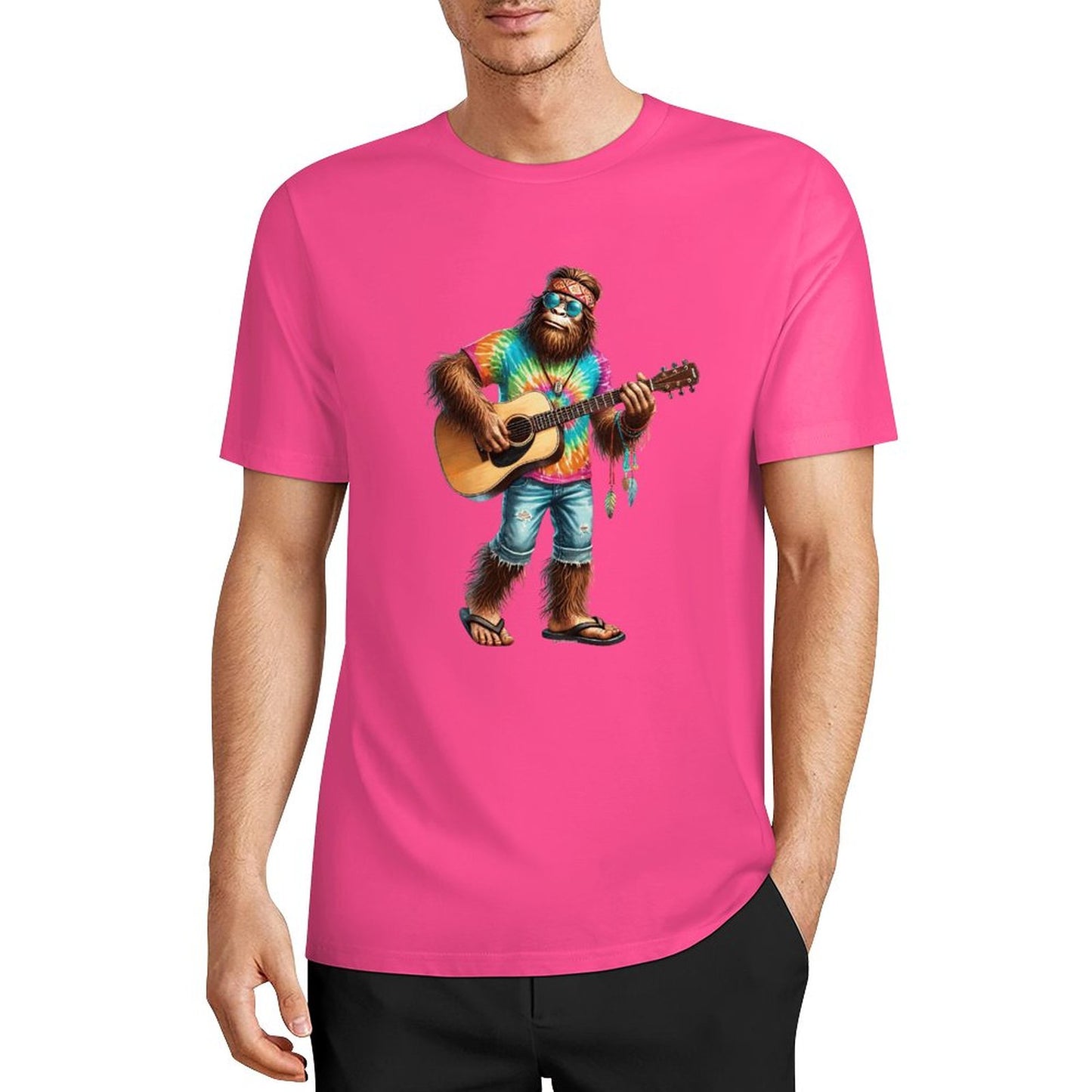 Bigfoot - Sasquatch Hippie Play Guitar Short Sleeve Cotton T-Shirt