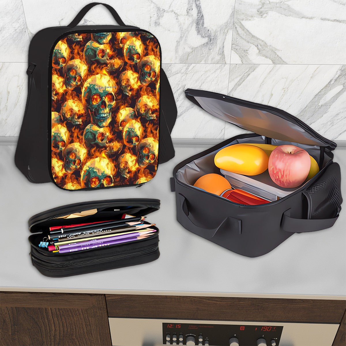 Flaming Skulls, 3 Piece Bag Set – Oxford Backpack, Lunch Bag, Pencil Pouch