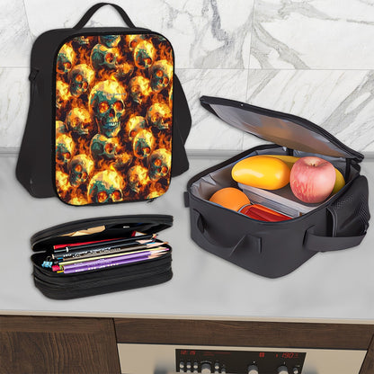 Flaming Skulls, 3 Piece Bag Set – Oxford Backpack, Lunch Bag, Pencil Pouch