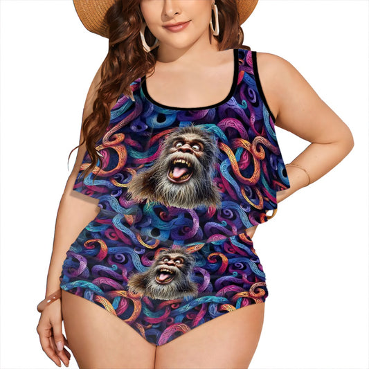 Bigfoot / Sasquatch Face, Plus Size Women Bikini Flowy, Ruffle Top Swimsuit