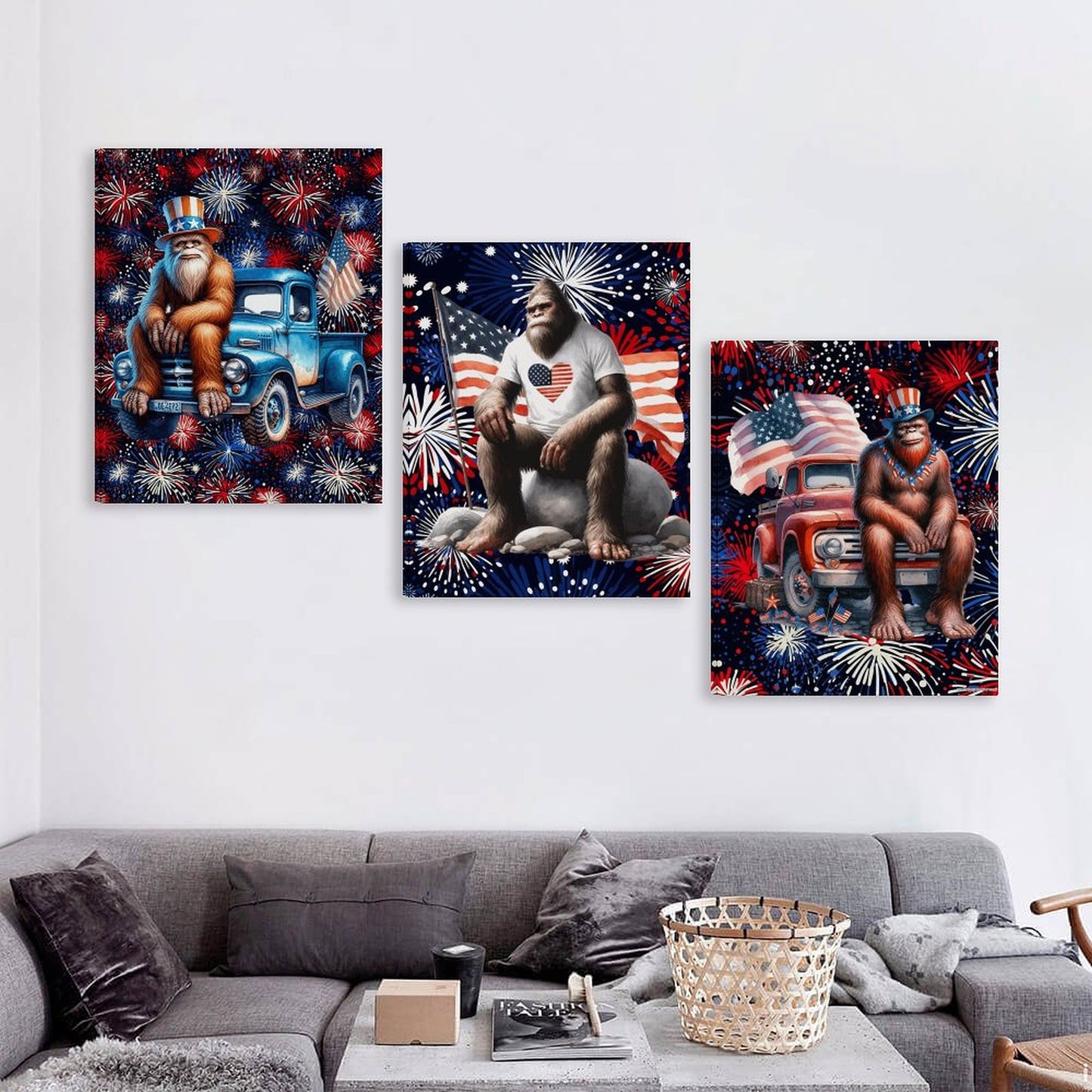 Patriot Bigfoot Sasquatch, Canvas Wall Art -16”x 20” (x3) - Made In USA