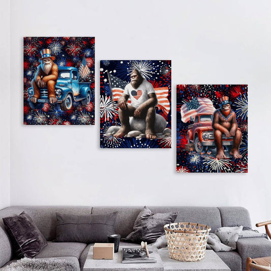 Patriot Bigfoot Sasquatch, Canvas Wall Art -16”x 20” (x3) - Made In USA