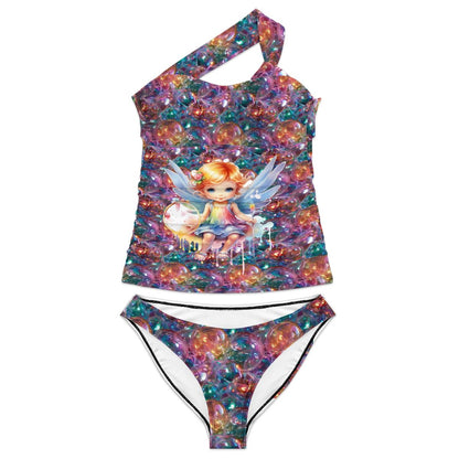 Baby Angel on Bubbles, Women One Shoulder Tankini, Two Piece