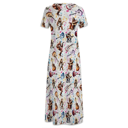 Bigfoot Sasquatch Playing Guitars, Crew Neck Short Sleeve Maxi Dress