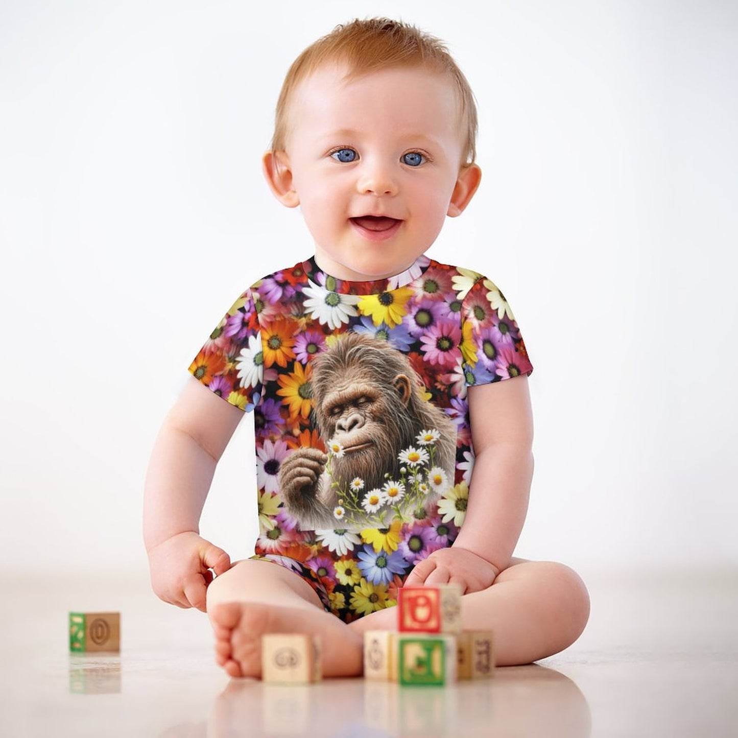 Bigfoot / Sasquatch Flowers, Faux Cotton Short Sleeve Baby Bodysuit Romper