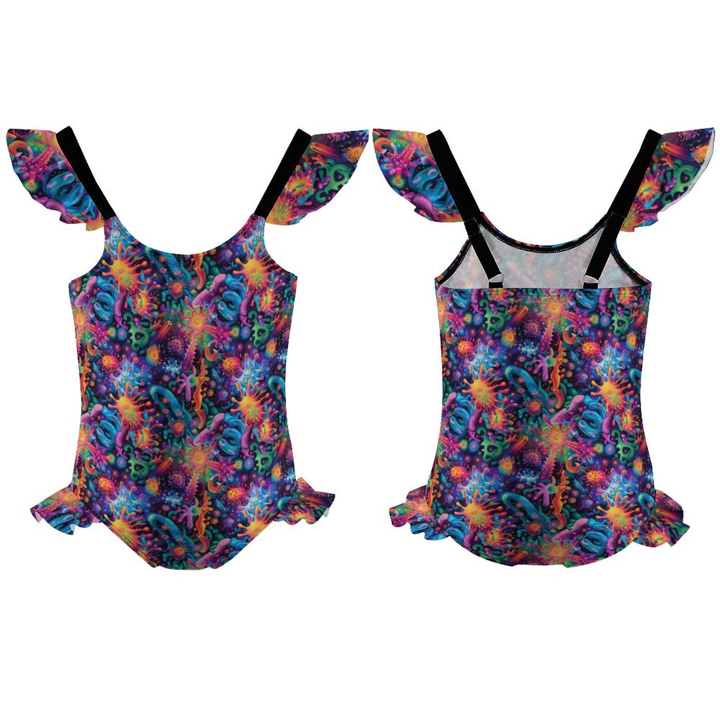 10 Psychedelic Designs, Girls One-Piece Summer Swimsuit, Ruffle Shoulder