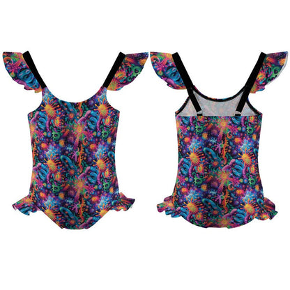 10 Psychedelic Designs, Girls One-Piece Summer Swimsuit, Ruffle Shoulder