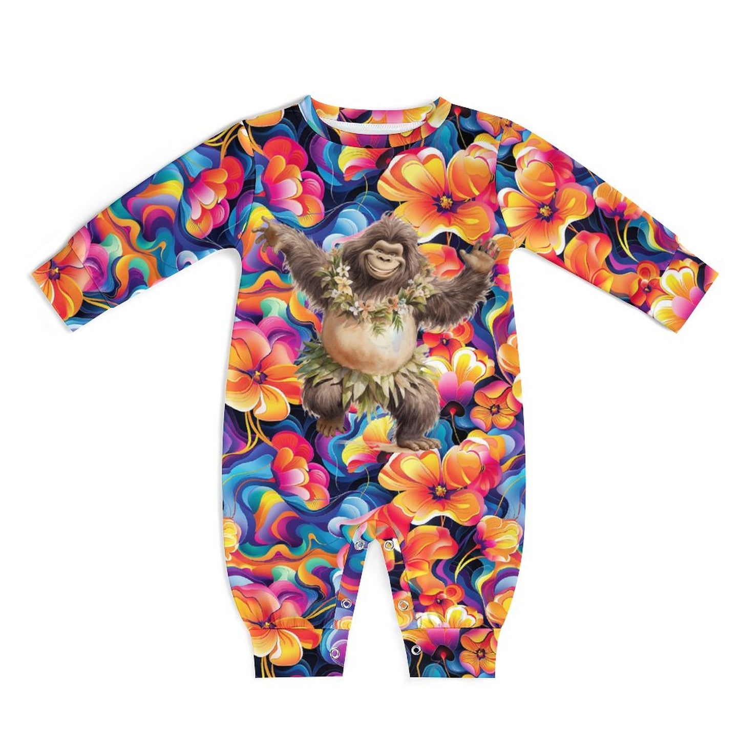 Hawaiian Dancing Bigfoot / Sasquatch, Long Sleeve Baby / Toddler Romper, Faux Cotton
