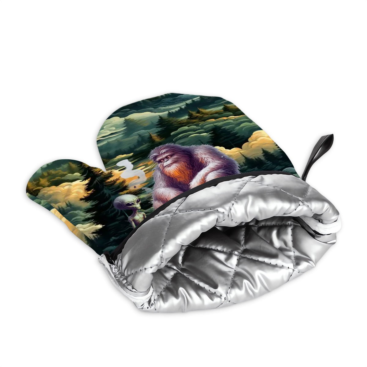 Bigfoot / Sasquatch with Alien, 4 Piece Oven Mitts / Pot Holder Sets