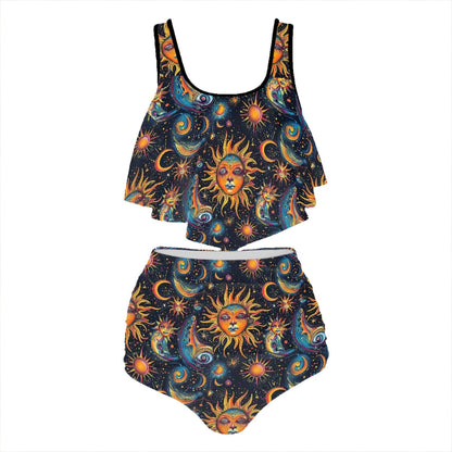 Zodiac Design, Plus Size Women Bikini Flowy, Ruffle Top Swimsuit