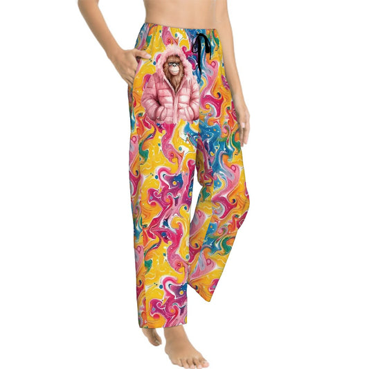 Pink Bigfoot On Deco Background, Women’s Pajama Pants with Pockets