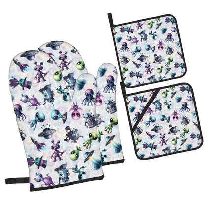 6 Alien Designs, 4 Piece Oven Mitts / Pot Holder Sets