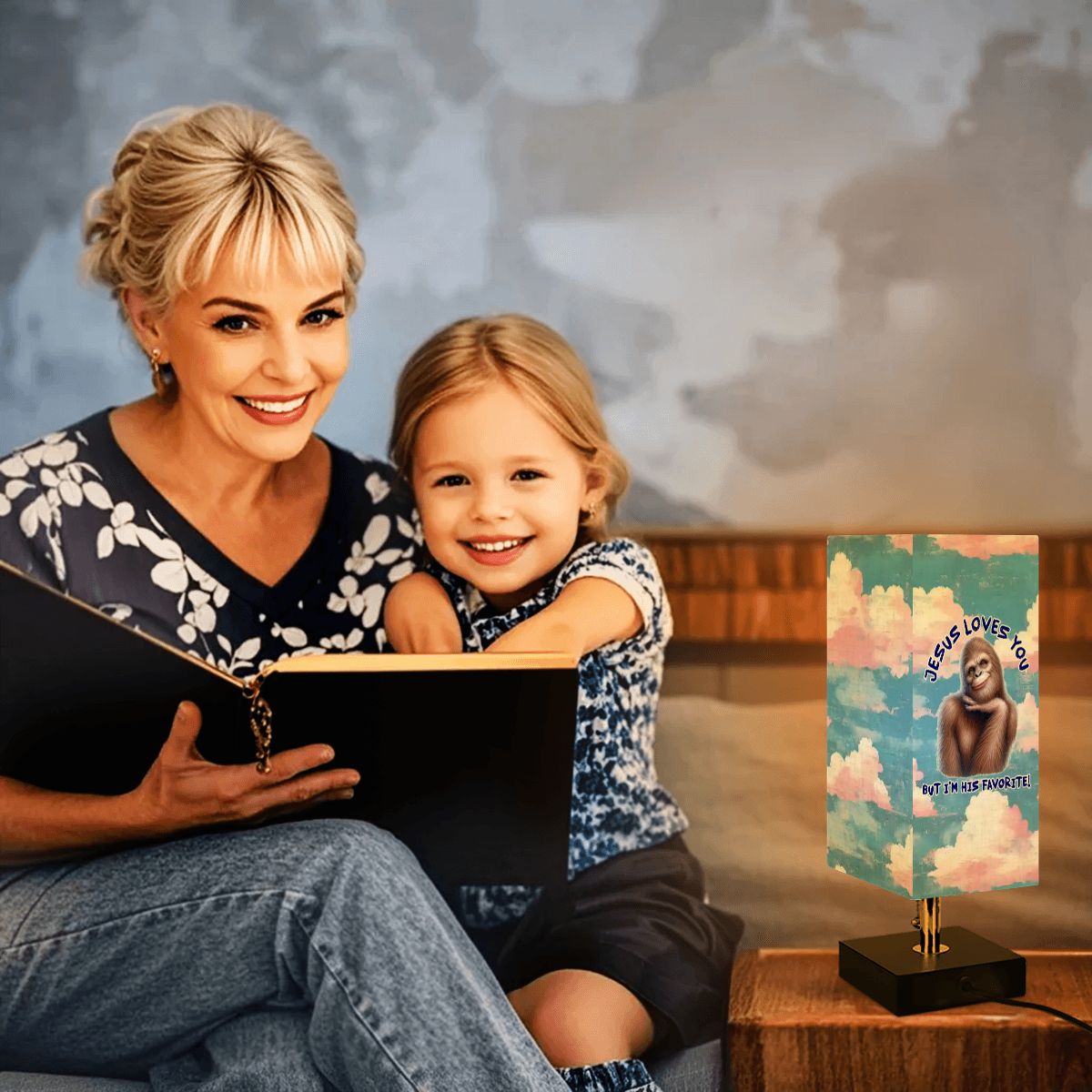 Bigfoot / Sasquatch "Jesus loves you..", Square Table Lamp with USB Ports, Charger