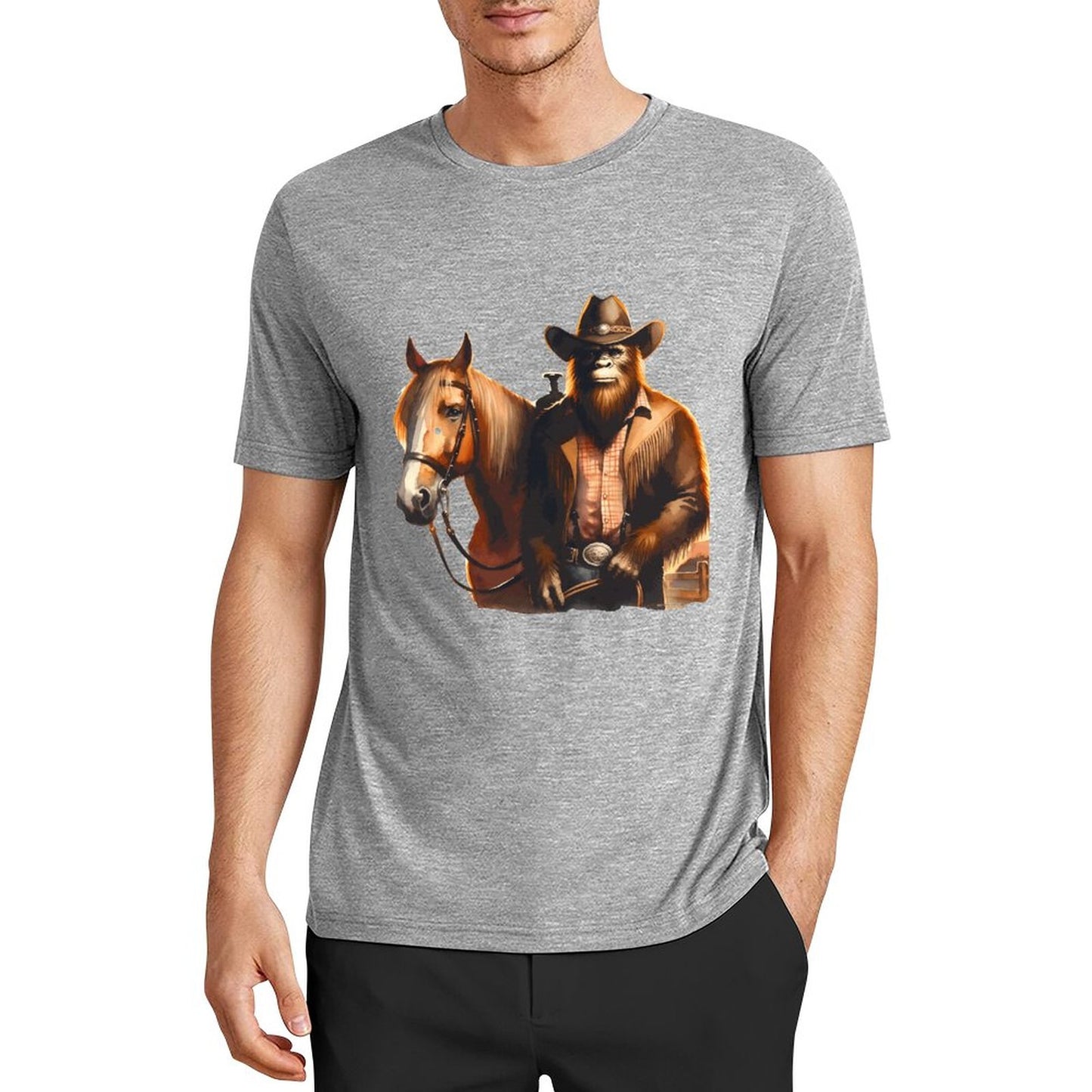 Bigfoot - Sasquatch Cowboy w Horse Short Sleeve Cotton T-Shirt