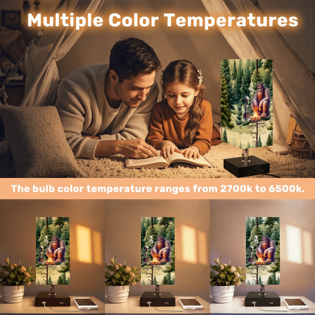 Bigfoot / Sasquatch & Alien, Square Table Lamp with USB Ports, Charger