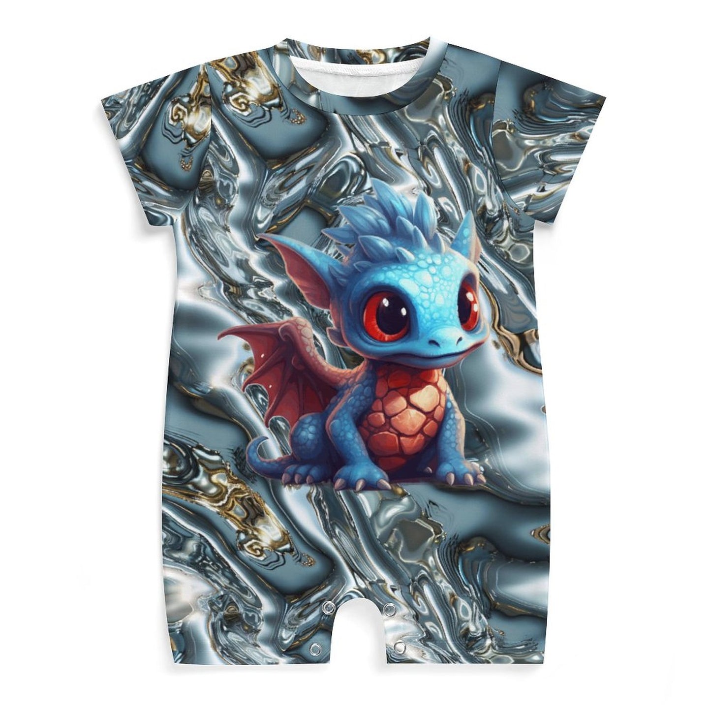 Baby Dragon on Silver Waves, Faux Cotton Short Sleeve Baby Bodysuit Romper