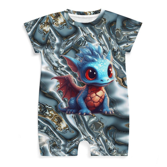 Baby Dragon on Silver Waves, Faux Cotton Short Sleeve Baby Bodysuit Romper
