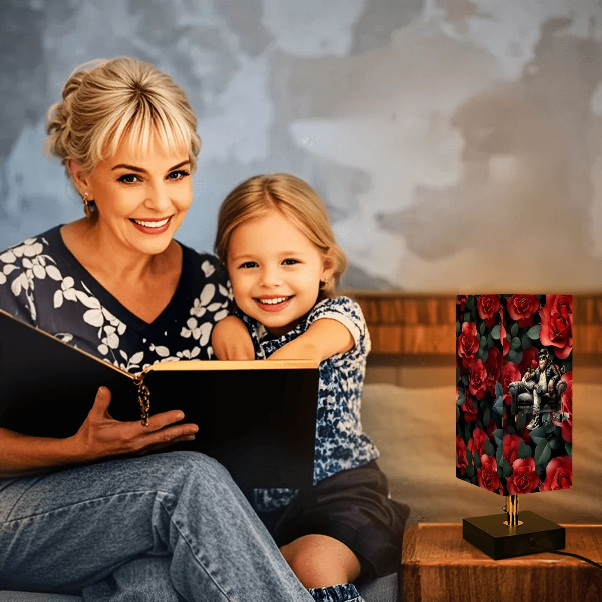 Bigfoot / Sasquatch Roses, Square Table Lamp with USB Ports, Charger