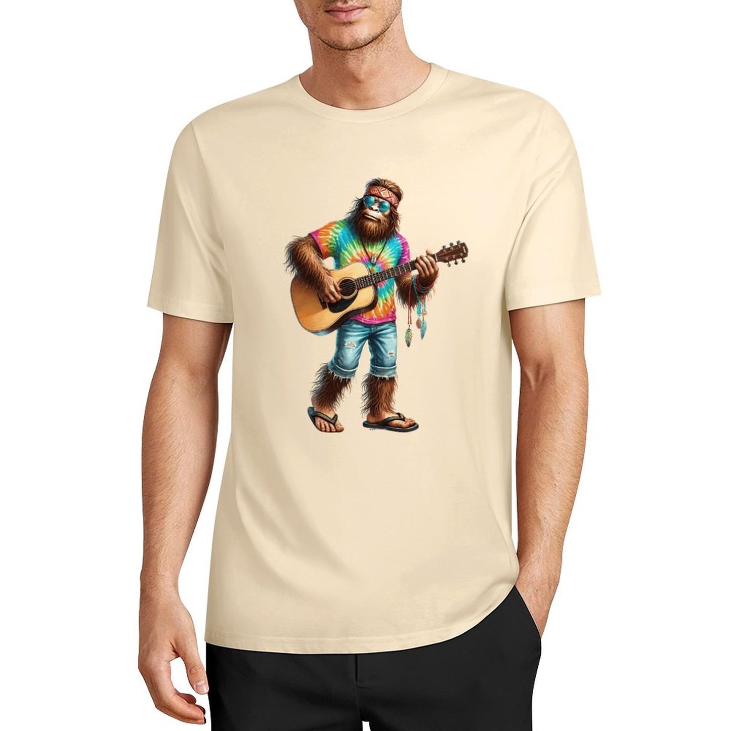 Bigfoot - Sasquatch Hippie Play Guitar Short Sleeve Cotton T-Shirt