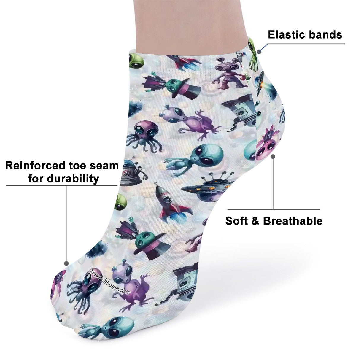 6 Alien Designs, 8” Poly Ankle Socks