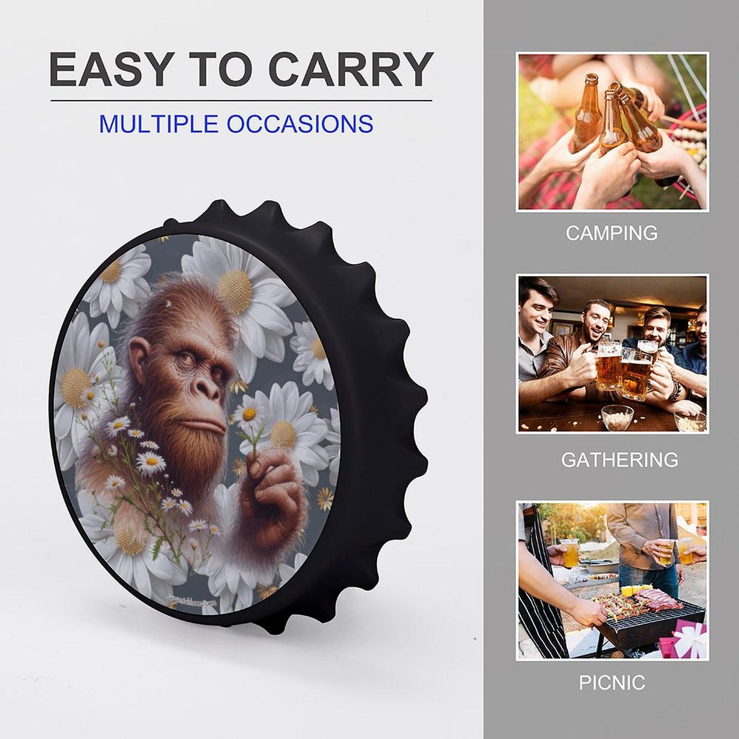 Bigfoot / Sasquatch Daisies, 3” Magnetic Can Opener / Coaster / Fridge Decor