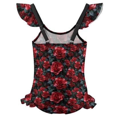 10 Beautiful Flower Designs, Girls One-Piece Summer Swimsuit, Ruffle Shoulder