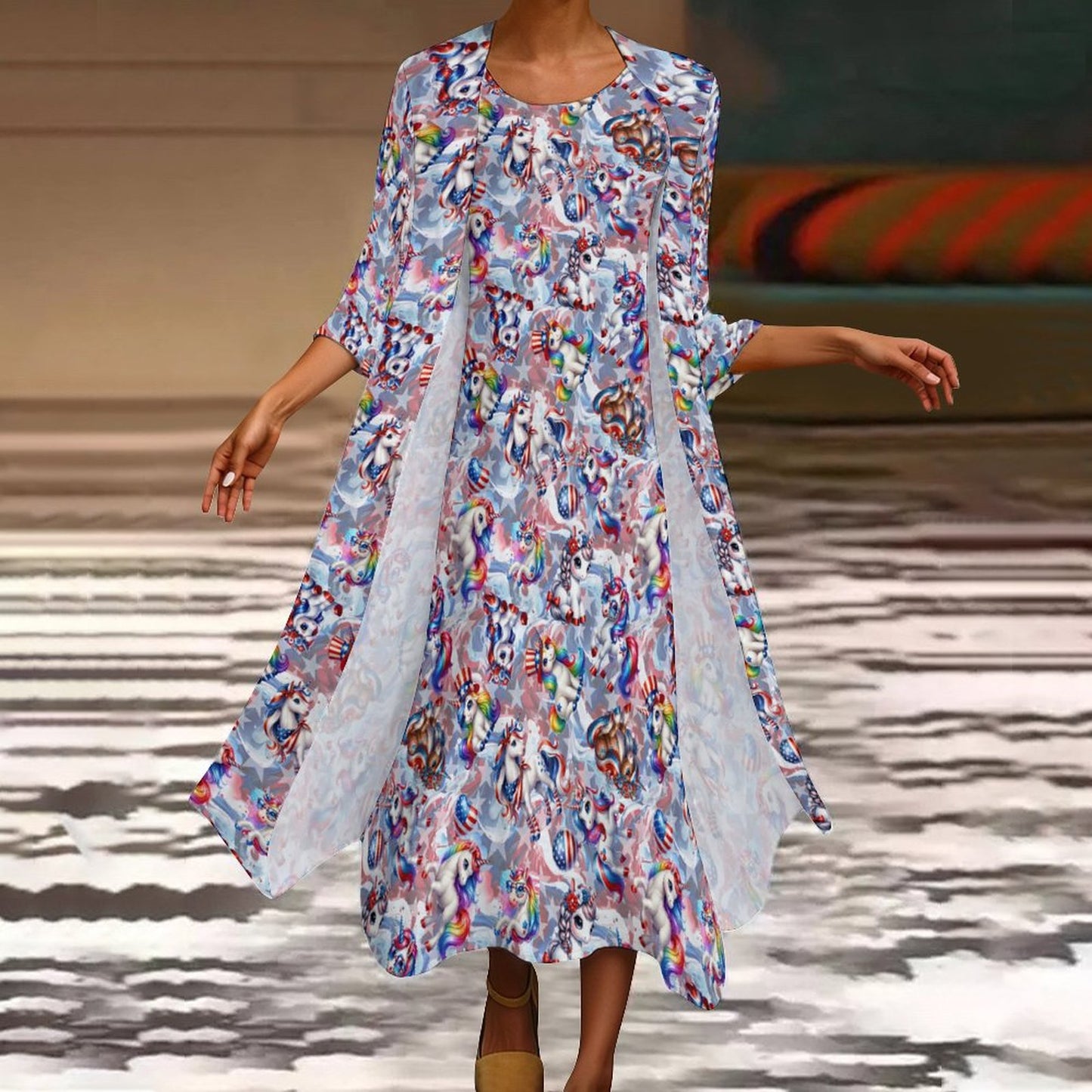 8 Patriot Designs (animals) Women’s Long Dress with Cardigan