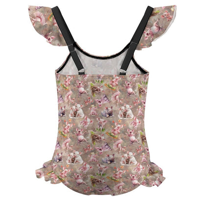 10 Animal Designs, Girls One-Piece Summer Swimsuit, Ruffle Shoulder
