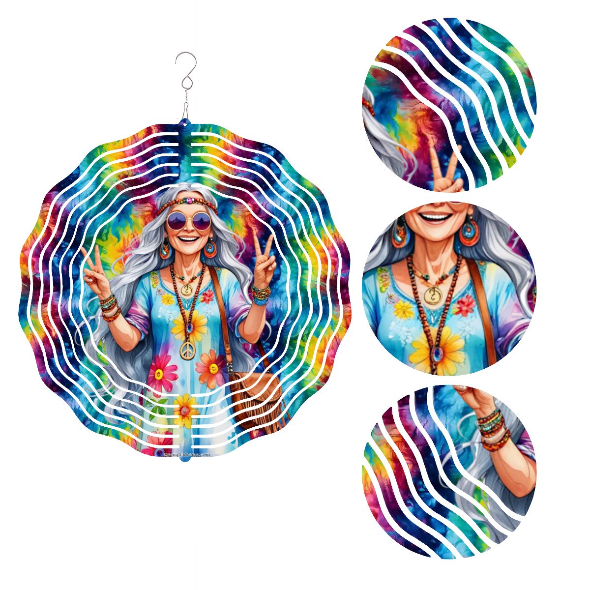 Hippie Lady, US Made Hanging Metal 3D Wind Spinner, Ornament