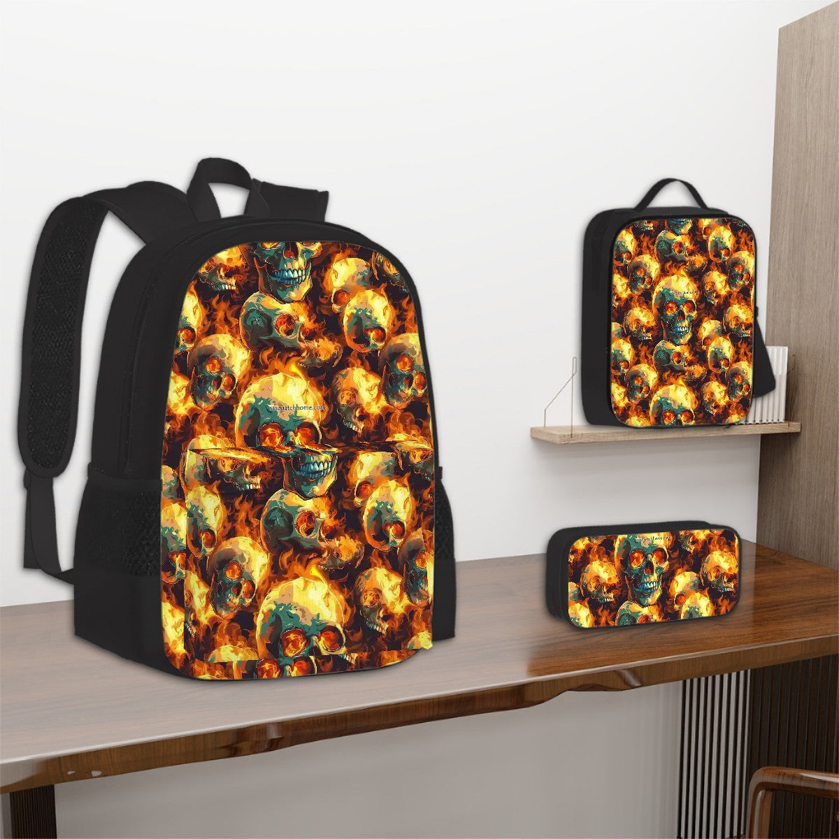 Flaming Skulls, 3 Piece Bag Set – Oxford Backpack, Lunch Bag, Pencil Pouch