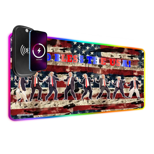 Donald Trump, "God Bless..", Wireless Charging Gaming Mouse Pads / Mat With Lights - 2 Sizes