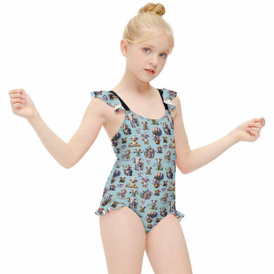 20 Misc Designs, Girls One-Piece Summer Swimsuit, Ruffle Shoulder