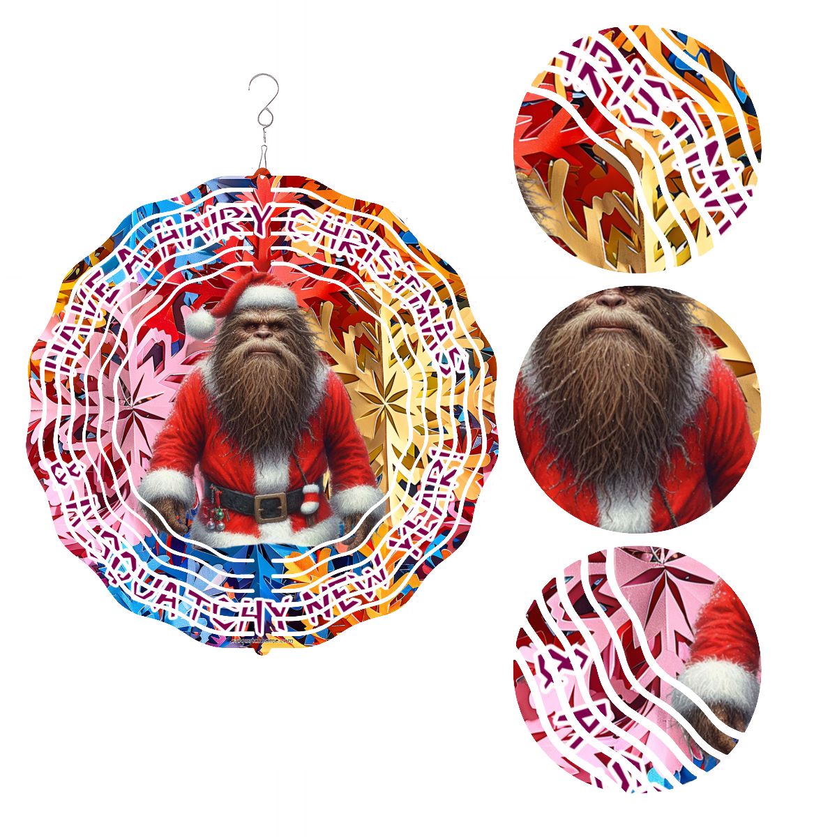 Santa Sasquatch, Bigfoot, US Made Hanging Metal 3D Wind Spinner, Ornament