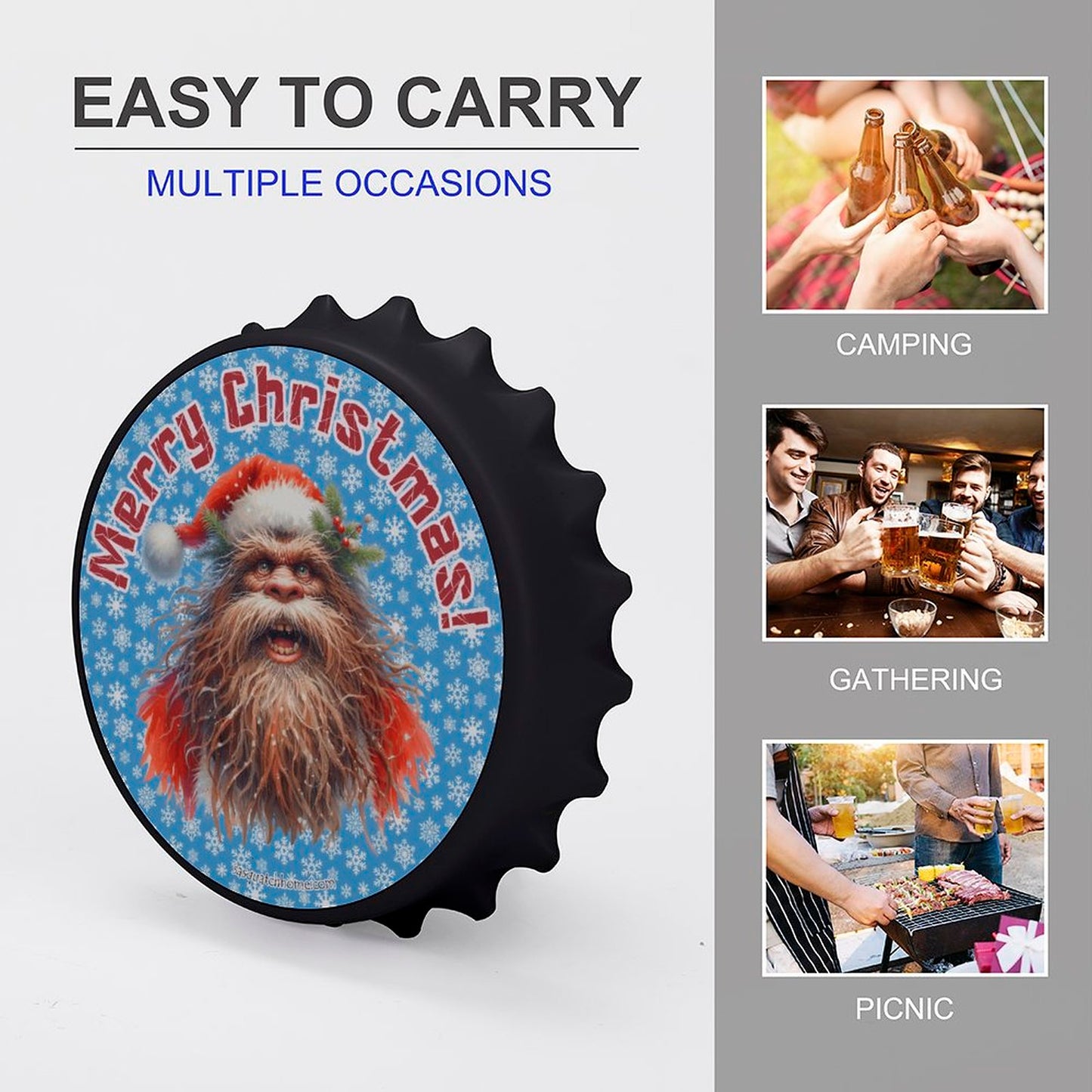 Bigfoot / Sasquatch Santa "Merry Christmas", 3” Magnetic Can Opener / Coaster / Fridge Decor