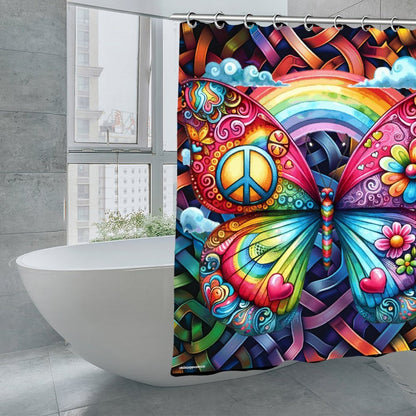 Colorful Hippie Butterfly, Waterproof Polyester Shower Curtain – Made in the USA – 70.8x70.8”