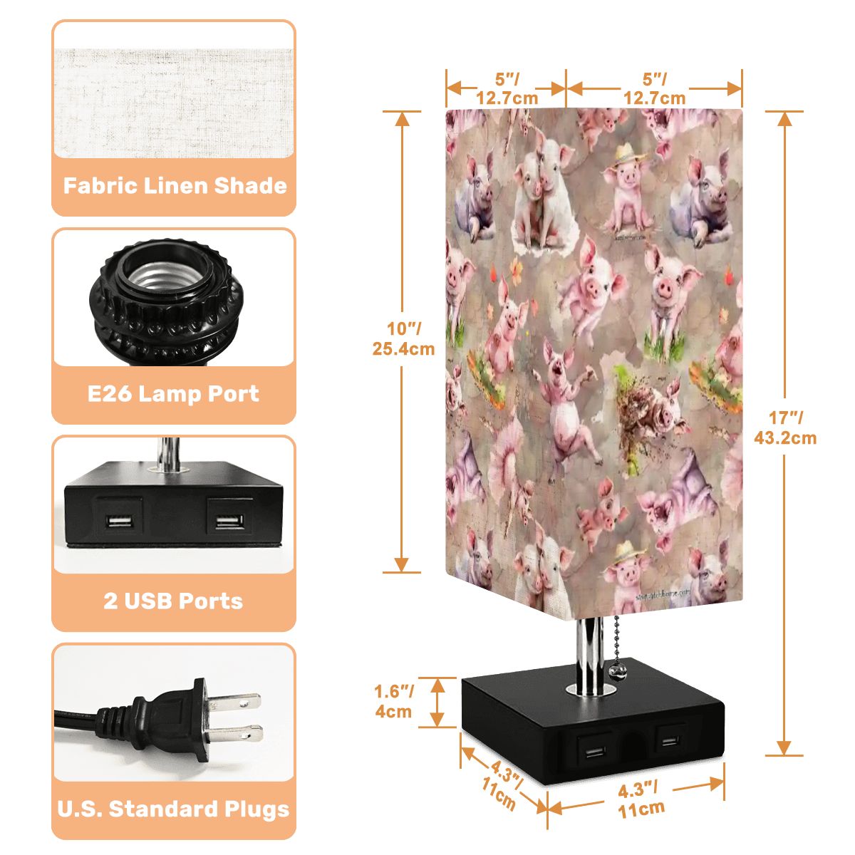 10 Animal Designs, Square Table Lamp with USB Ports, Charger