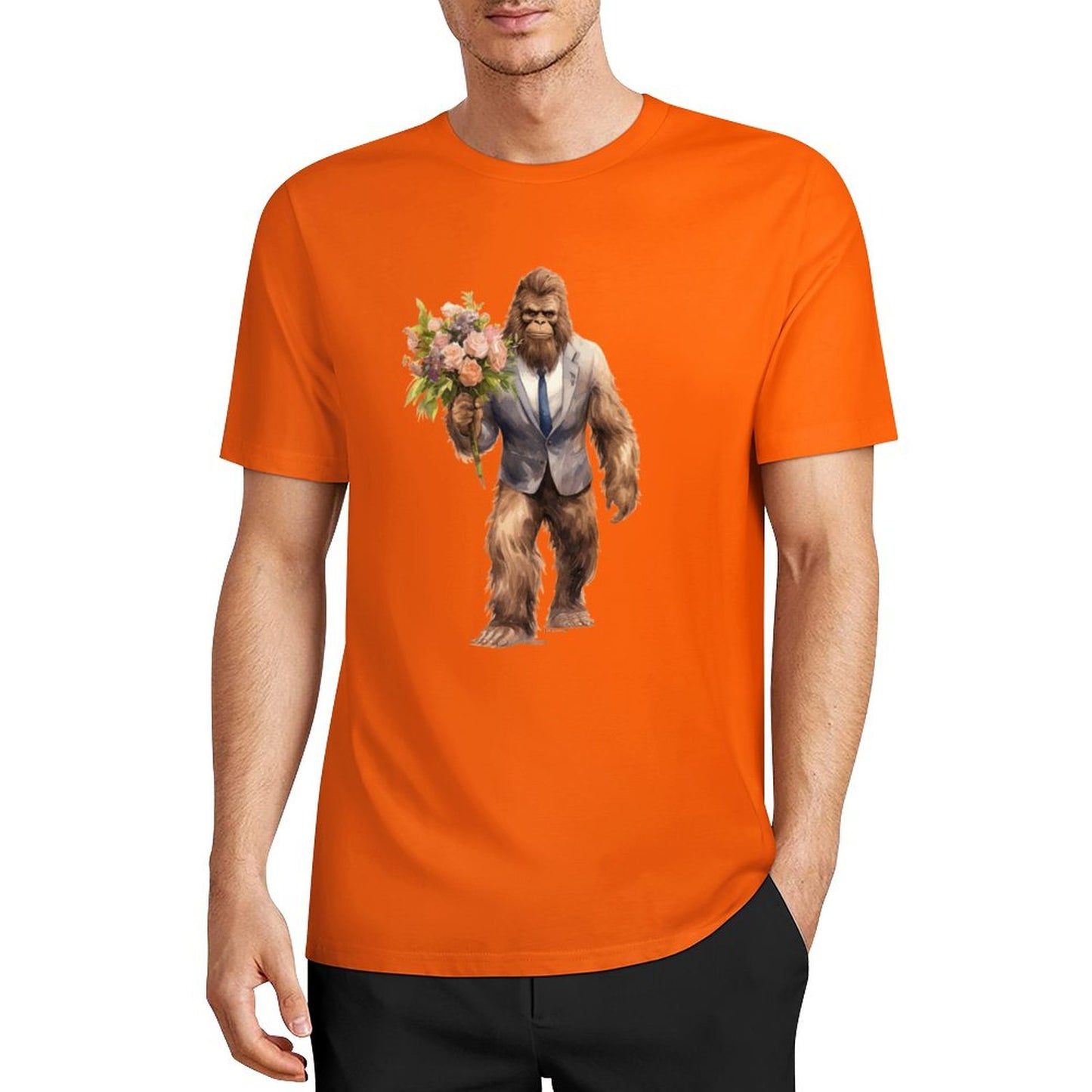 Bigfoot - Sasquatch w Flowers Short Sleeve Cotton T-Shirt