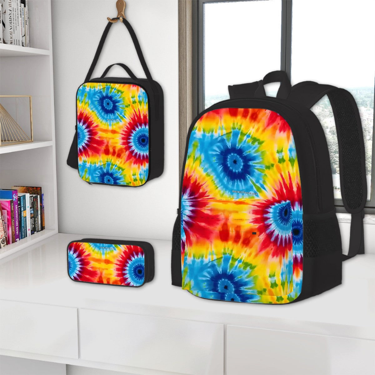 19 Tie Dye Designs, 3 Piece Bag Set – Oxford Backpack, Lunch Bag, Pencil Pouch