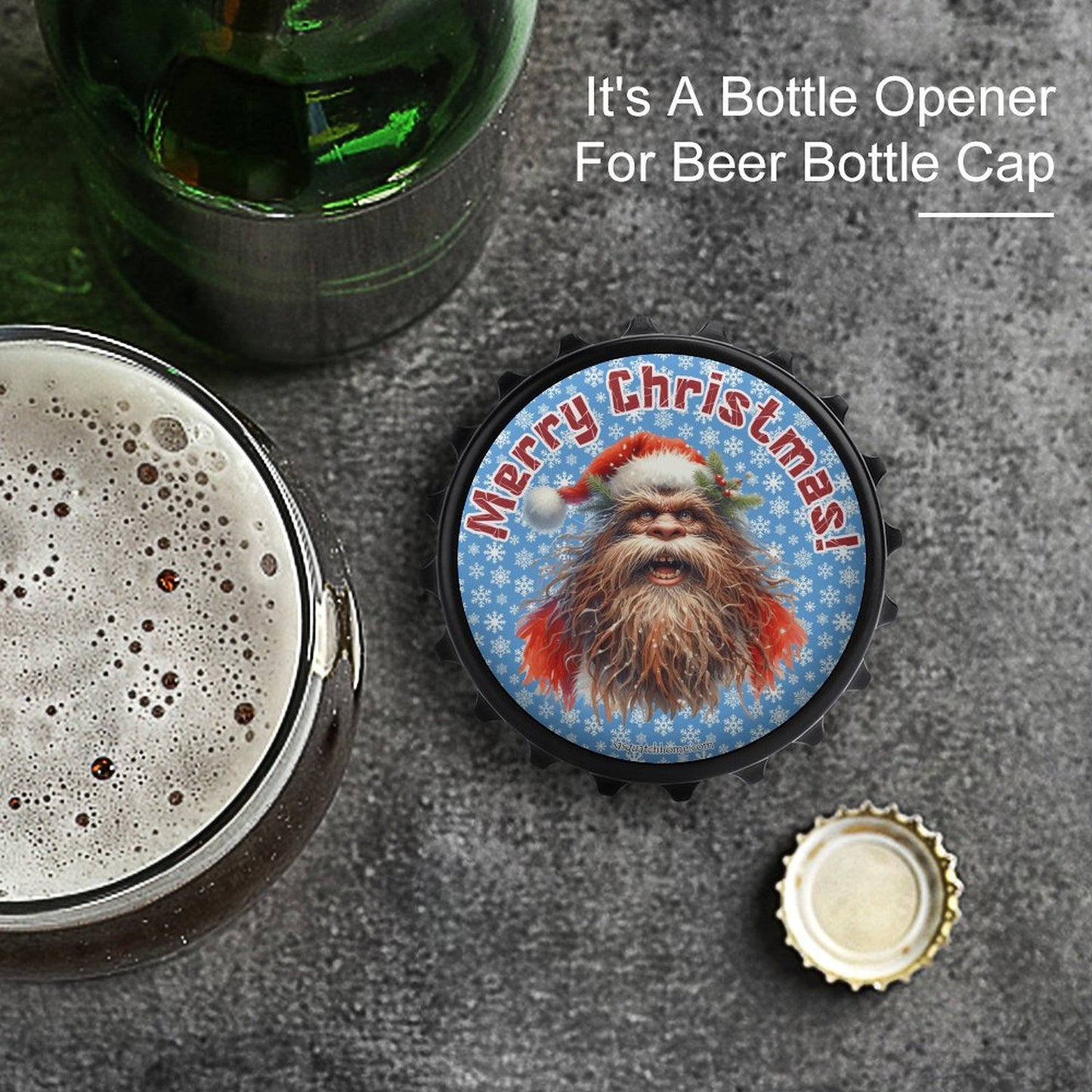 Bigfoot / Sasquatch Santa "Merry Christmas", 3” Magnetic Can Opener / Coaster / Fridge Decor